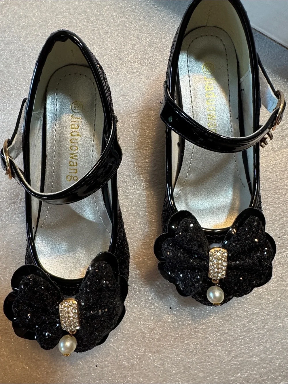 Black Glitter Mary Jane Heels with Bow Detail